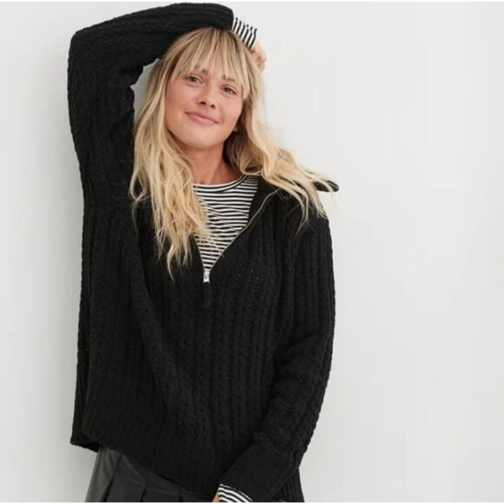 Aerie Cable Car Quarter Zip Black Oversized Open Knit Soft Cozy Sweater| Size L